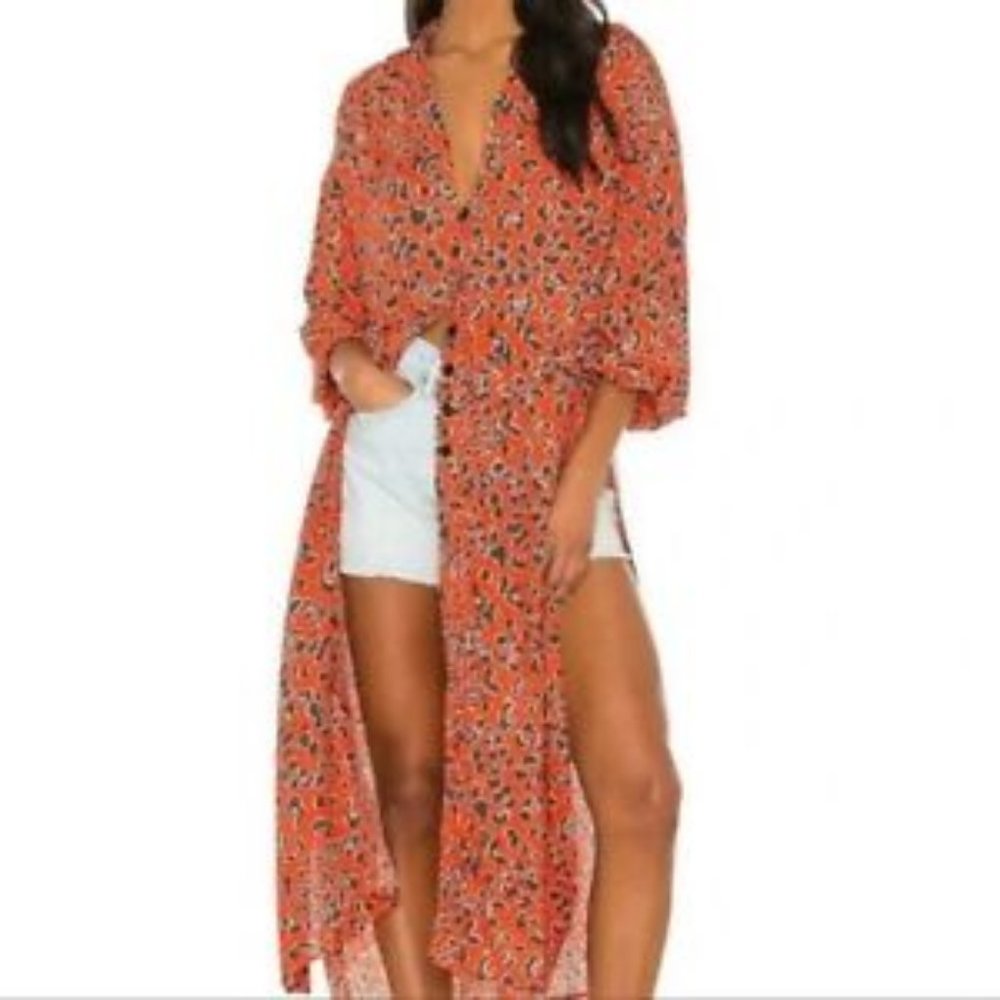Free People Orange Floral Long Button Front Blouse Duster